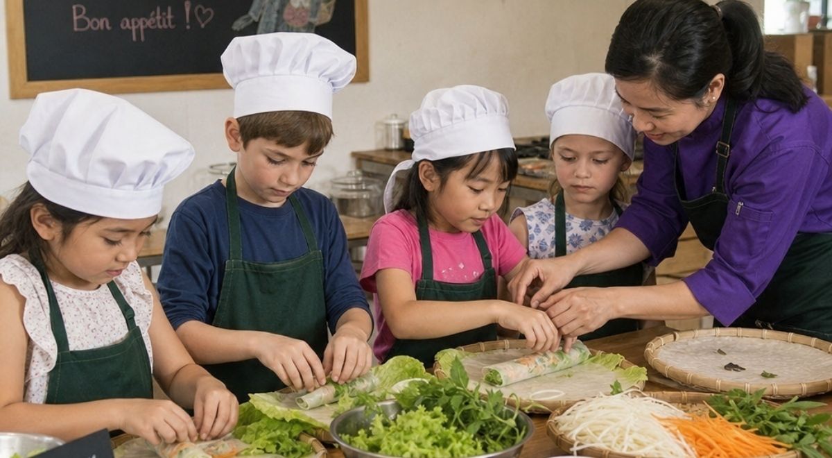 Des enfants découvrant la cuisine vietnamienne lors d’un atelier de cuisine en famille.