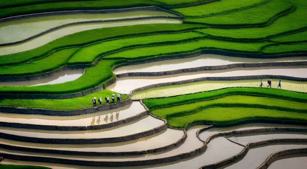 Les rizières en terrasses de Mù Cang Chải pendant la saison de mise en eau, reflétant le ciel et les montagnes.